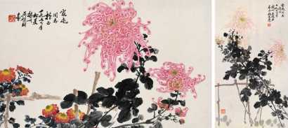 吴砚耕 1977年作 红菊 白菊 横幅